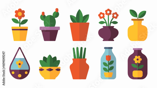 Collection of potted and hanging plants with flowers and succulents