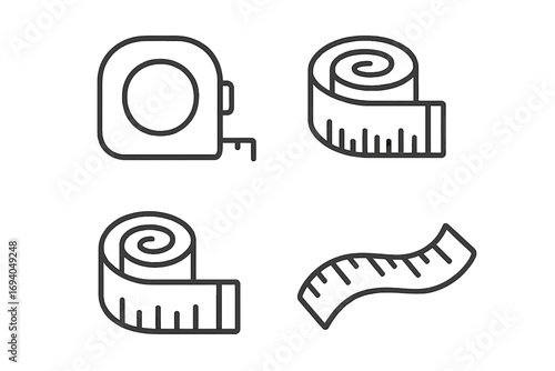 Set of measuring tape flat thin line icons, editable stroke vector illustration for web design, books, cards, and apps, roll and flexible tape measure tools with transparent background