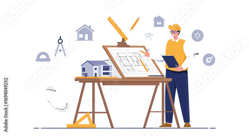 Architect working on building plans at a drafting table.