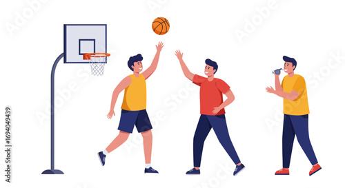Basketball players in action during a game competition with the ball.
