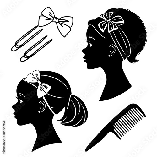Black silhouettes of hair accessories and female profiles