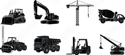 Silhouette set of construction vehicles and heavy equipment icons including crane, excavator, bulldozer, forklift, roller, and cement mixer