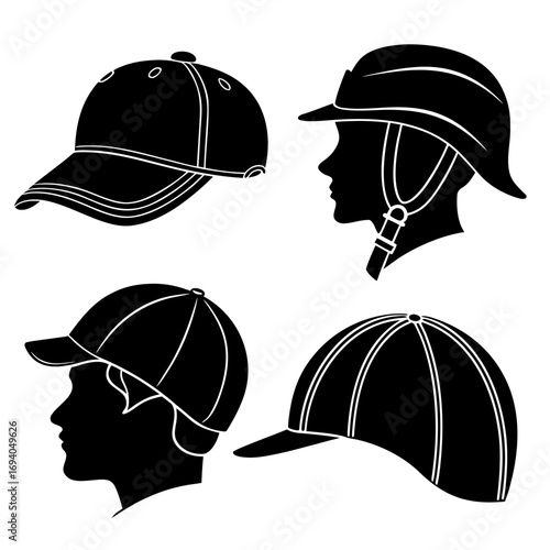 Black silhouettes of headwear and profiles hats caps
