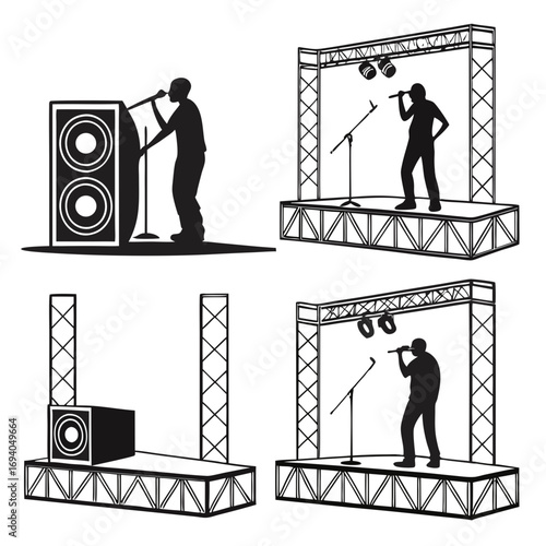 Black silhouettes of performers and stage equipment