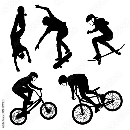 Black silhouettes of skateboarders and B M X riders performing tricks