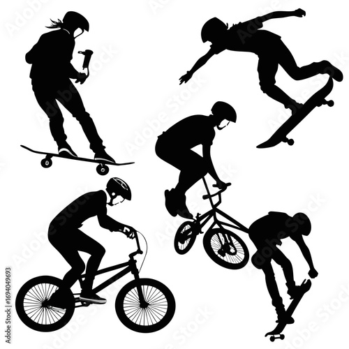 Black silhouettes of skateboarders and bmx riders action