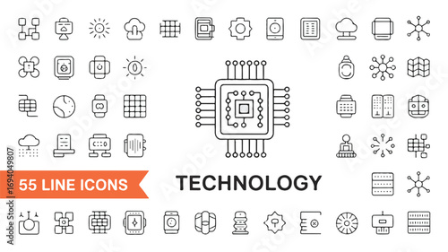A comprehensive set of modern technology line icons featuring a CPU, cloud data, network connections, and smart devices