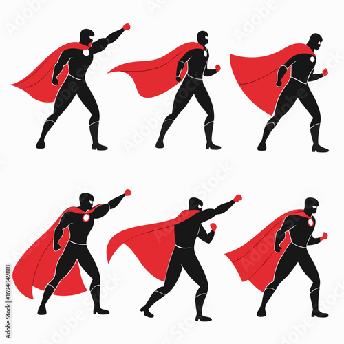 Black superhero silhouettes red capes dynamic poses