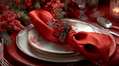 red christmas napkin on a dining table set for a christmas family dinner