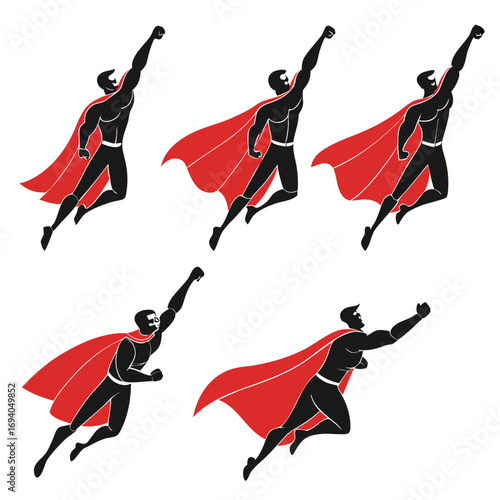 Black superhero flying poses red capes silhouette