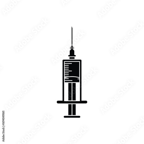 A simple black and white vector illustration of a medical syringe with a needle, isolated on a white background representing healthcare and medicine