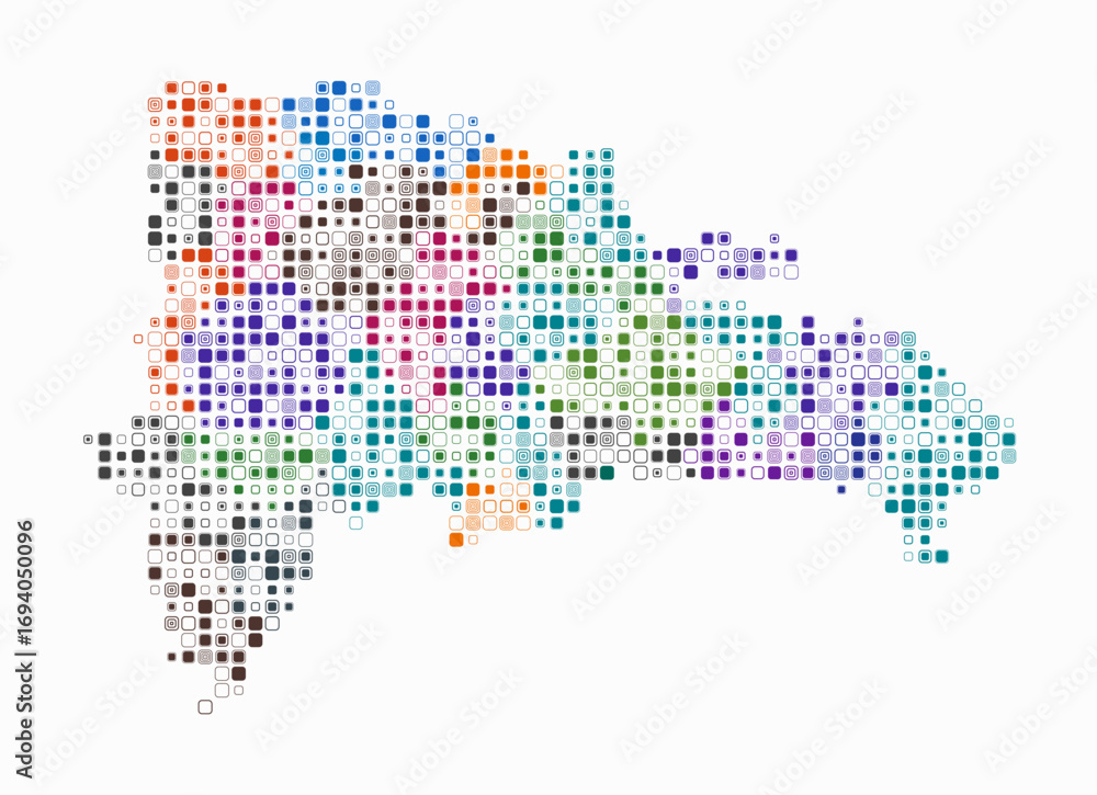 Fototapeta premium Dominican Republic, shape of the country build of colored cells. Digital style map of the Dominican Republic on white background. Small size rounded square blocks. Vibrant vector illustration.