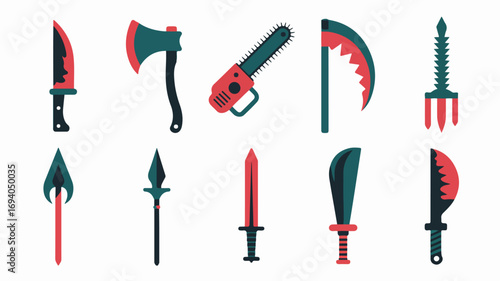 Collection of weapons with blades and tools