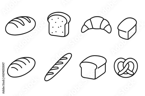 Set of minimalistic linear bread icons, bakery pictograms for web design, apps, banners, social media, cards, vector cartoon illustration with various bread shapes and styles