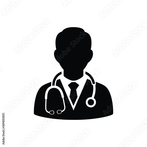 Male doctor avatar icon with stethoscope for medical and healthcare concepts. Vector silhouette illustration of a physician or general practitioner symbol