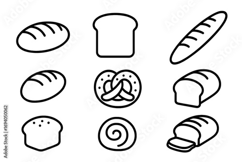 Set of minimalist black line bread icons, bakery symbols, linear pictograms for web design, apps, social media, banners, cards, cartoon style bread varieties vector set