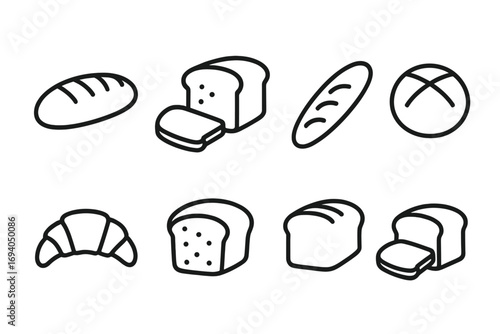 Minimalistic linear bread icons set with loaf, sliced bread, baguette, round bread, croissant, perfect for graphic design, web, apps, banners, social media, cards vector