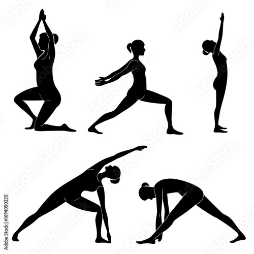 Black yoga poses abstract human figures silhouettes