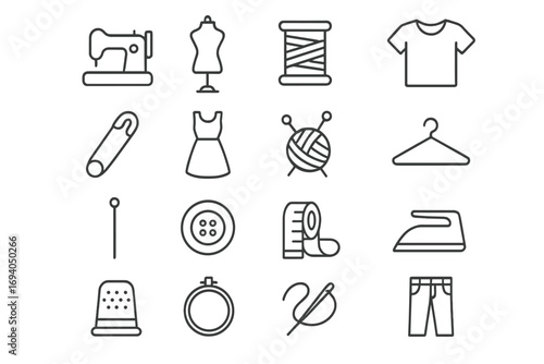 Sewing and garment thin line icon set, editable stroke, vector cartoon illustration with transparent background, tailoring tools, clothing elements for banners, cards, social networks, apps