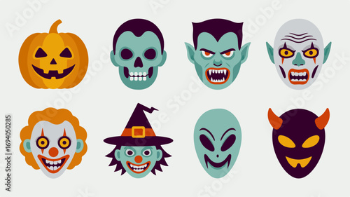 Halloween costume masks set for spooky characters and monsters