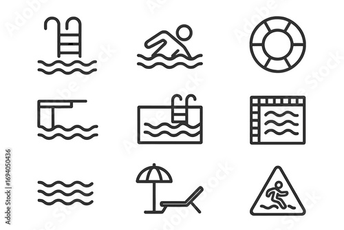 Set of Minimalistic Linear Swimming Pool Icons, Swimming, Diving, Lifebuoy, Relaxation Chair, Water Waves, Safety Sign, Vector Pictogram for Web, Graphic Design, Social Media, Banners