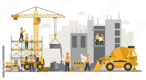Construction site with workers crane and heavy machinery vector illustration.
