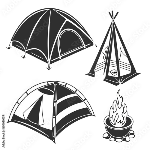Camping tents and campfire icons shelter outdoor