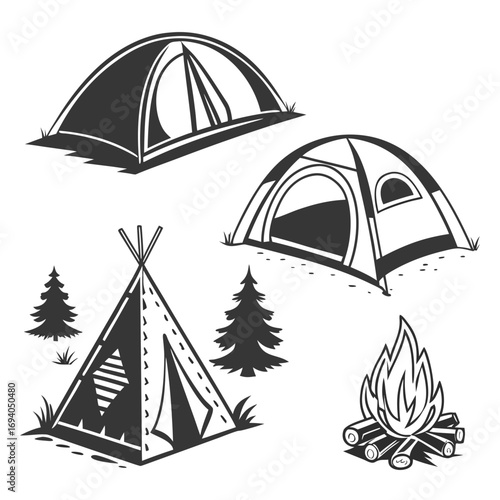 Camping tents and campfire silhouettes outdoor nature