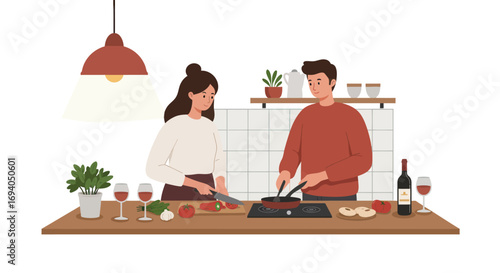 Couple cooking together in the kitchen preparing food and enjoying their time.