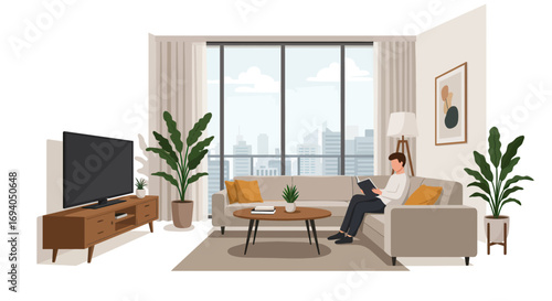 Cozy Living Room Interior with Person Relaxing on Sofa.