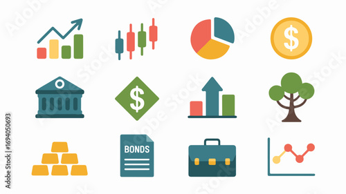 Financial investment icons set for business and finance