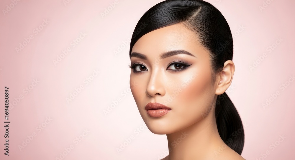 Fototapeta premium Close-up of a woman with dark sleek hair styled in a side part wearing winged eyeliner and nude lipstick against a pink background
