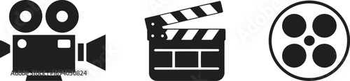 Film and Cinema Icons – Movie Camera, Reel, and Clapperboard Vector Illustration Isolate on White Background