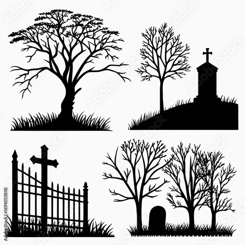 Cemetery scene silhouettes bare trees crosses tombstones