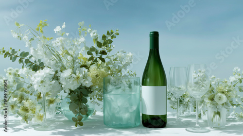 romantic wedding reception table, soft pastel colors, wine bottle with a blank label