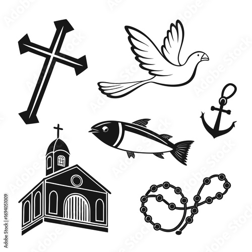 Christian symbols cross church dove fish anchor rosary
