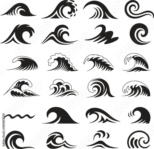 Ocean Wave Icons Set – Surfing and Sea Water Vector Illustrations Isolate on White Background