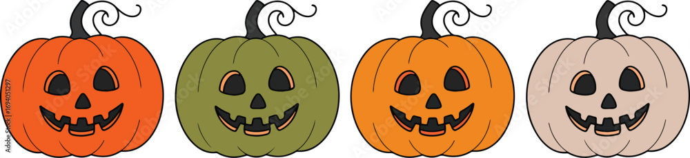 Fototapeta premium Jack-o’-Lantern Pumpkins Vector Set – Halloween Smiling Faces Icons Vector Illustration Isolate on White Background