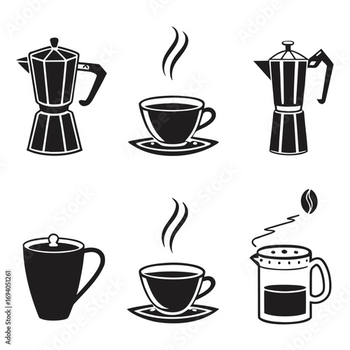 Coffee makers and cups silhouettes vector