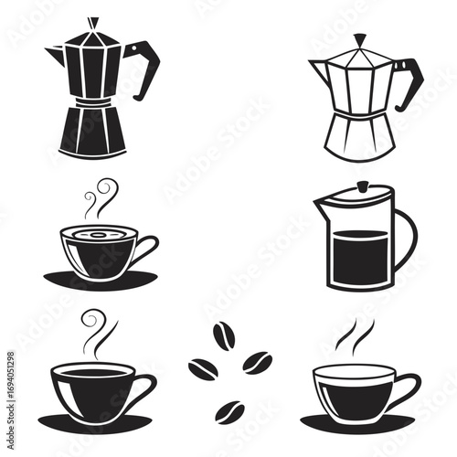 Coffee makers cups beans icons vector