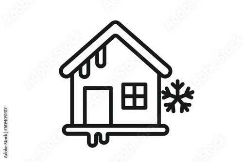 Snow-covered house icon with icicles and snowflake. Winter season vector illustration for websites, apps, cards, and book designs. Transparent background, cartoon style.