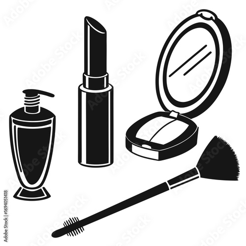 Cosmetic items makeup tools silhouettes lipstick compact mirror