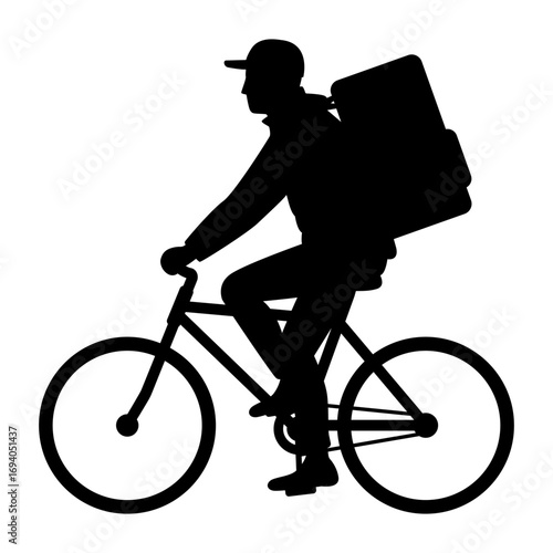 Silhouette illustration of delivery man riding bicycle with large backpack carrying food or goods