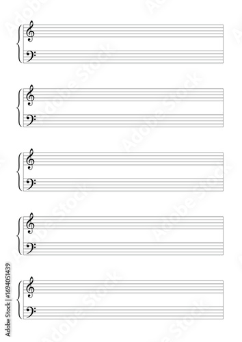Sheet music notation blank template with treble and bass clef in A4 format	