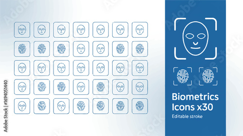 30 Biometric Icons Thin Line Face & Fingerprint Recognition