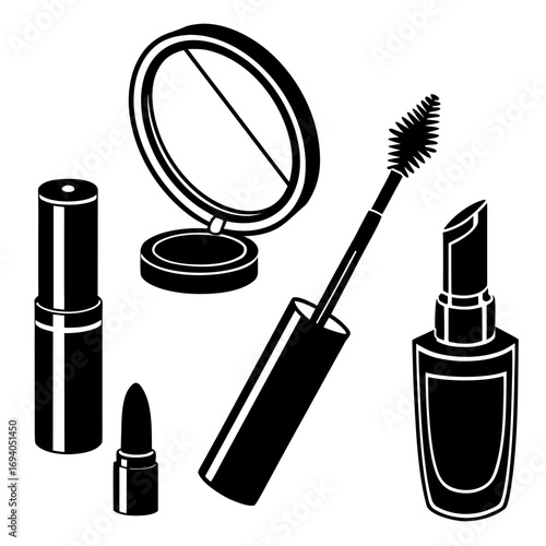 Cosmetic items silhouettes lipstick mascara compact mirror