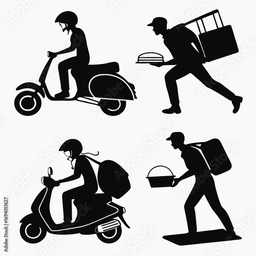 Delivery people on scooters and walking with bags courier