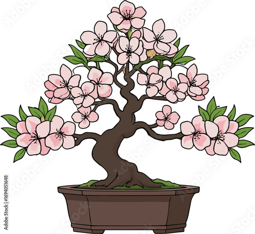 Beautiful bonsai tree with delicate pink cherry blossoms, artistic potted plant, natural miniature garden, floral decoration, indoor ornamental flowering plant design