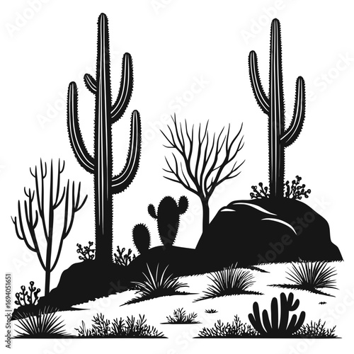 Desert cacti and rocky landscape silhouettes cactus