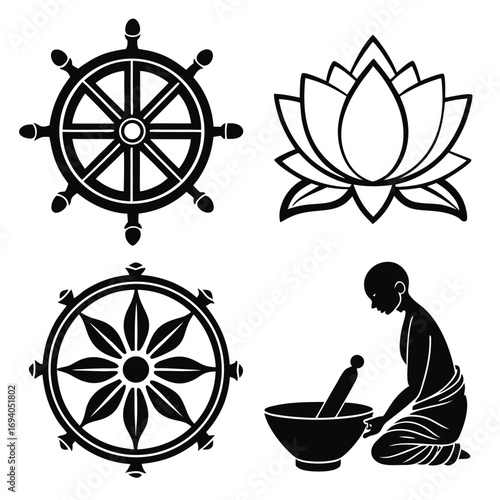 Dharma wheel lotus monk mortar pestle lotus flower